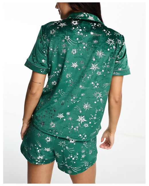 Chelsea Peers Green Christmas Velvet Revere Top And Short Pyjama Set With Silver Foil Print