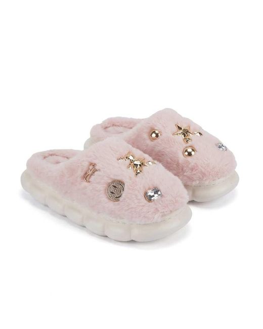 SEQWL White Fluffy Mule Slippers Warm Slip Ons With Charm Details