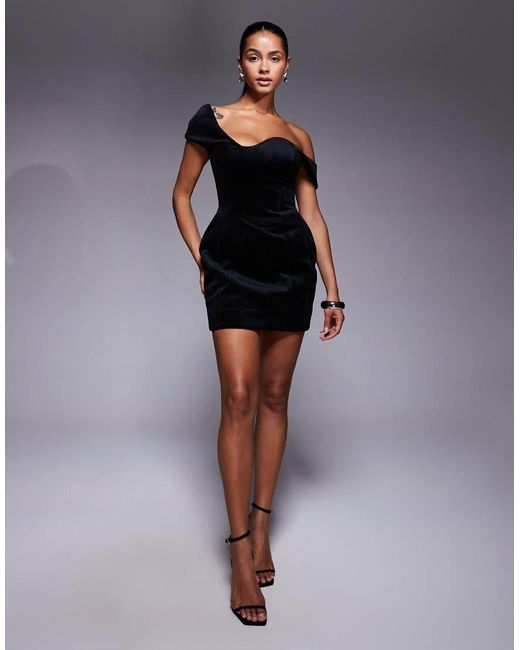 ASOS Black Wired Neckline Off The Shoulder Velvet Mini Dress With Tulip Hips