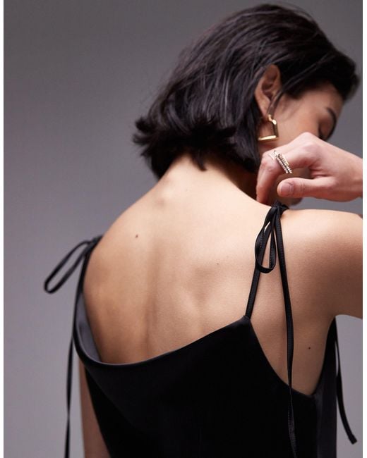 TOPSHOP Black Cowl Neck Tie Shoulder Midi Slip Dress