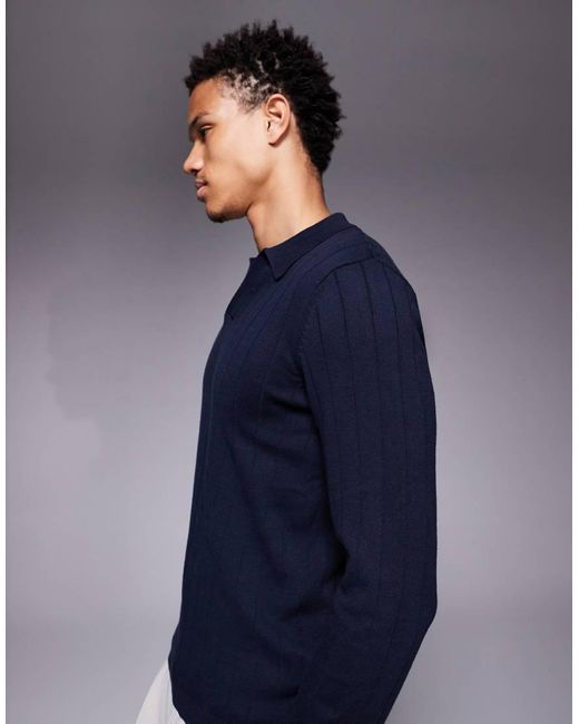 ASOS Blue Muscle Fit Long Sleeve Knit Ribbed Notch Neck Polo for men