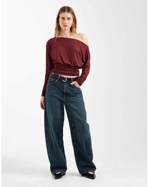 ASOS Red Slinky Off Shoulder Long Sleeve Top With Cinch Waist Detail
