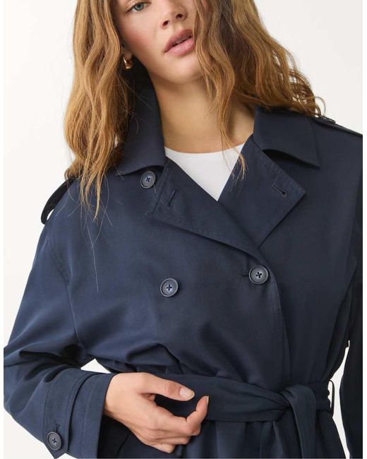 Stradivarius Blue Cropped Trench Coat With Belt