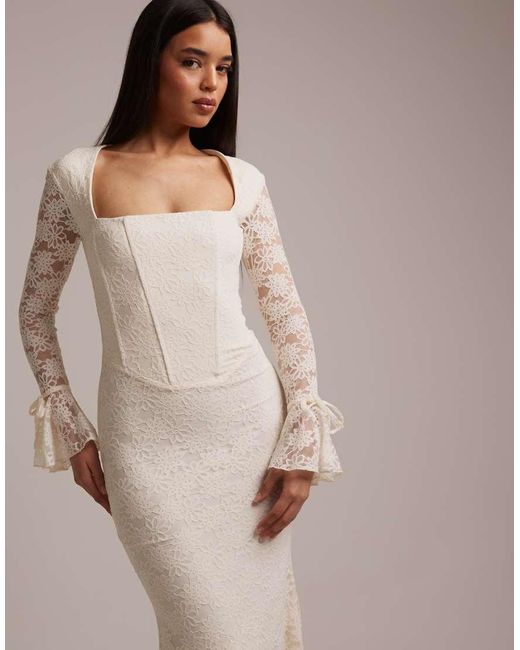 Wanderdoll Natural Wander Doll Juliette Bridal Square Neck Corset Detail Bow Tie Sleeve Lace Maxi Dress