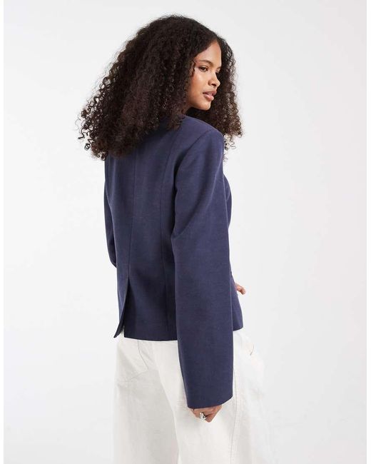 ASOS Blue Button Up Linen Fitted Blazer In