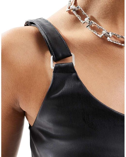 Pull&Bear Black Faux Leather One Shoulder Asymmetric Top
