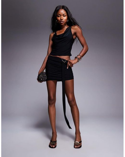 Missy Empire Black Double Sculpted Slinky Metal Detail Asymmetric Cowl Top Co-Ord