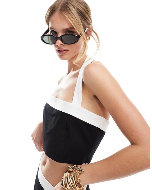 4th & Reckless White Linen Look Halterneck Contrast Edge Crop Top Co-ord