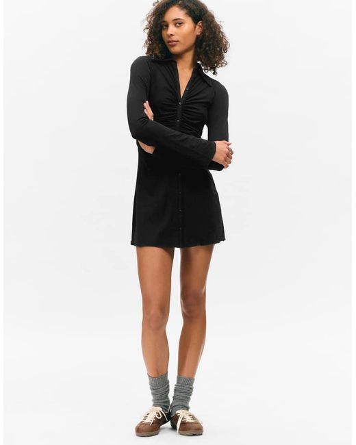 Monki Natural Ruched Front Long Sleeve Mini Shirt Dress