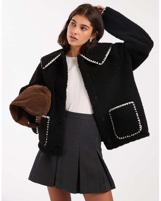 Miss Selfridge Black Blanket Stitch Borg Collar Detail Jacket