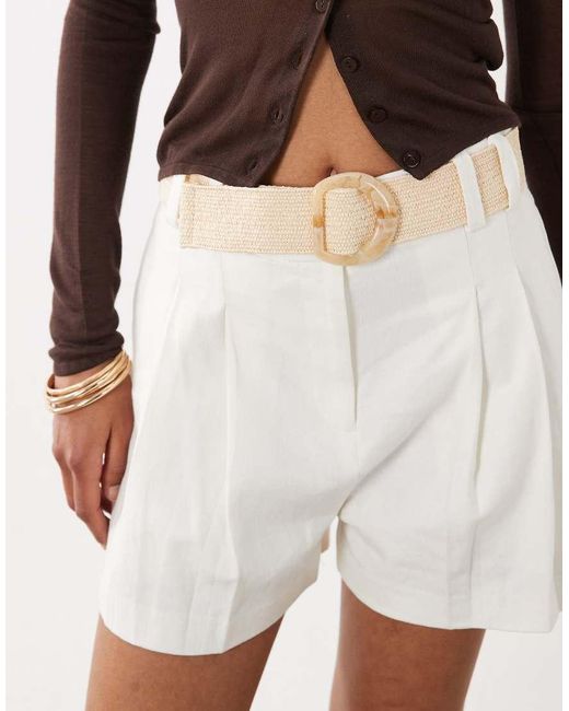 River Island White Linen Blend Belted Shorts