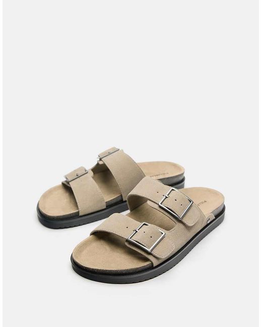 Pull&Bear White Buckled Leather Flat Sandals for men