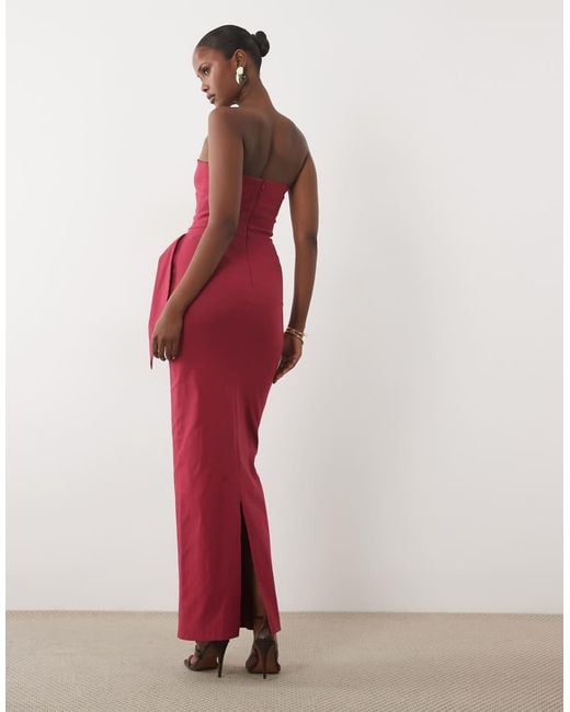 Vesper Red Bengaline Bandeau Drape Front Detail Maxi Dress