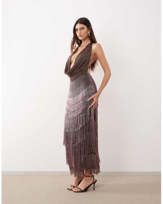 ARRANGE Blue Beaded Fringe Plunge Cowl Maxi Dress