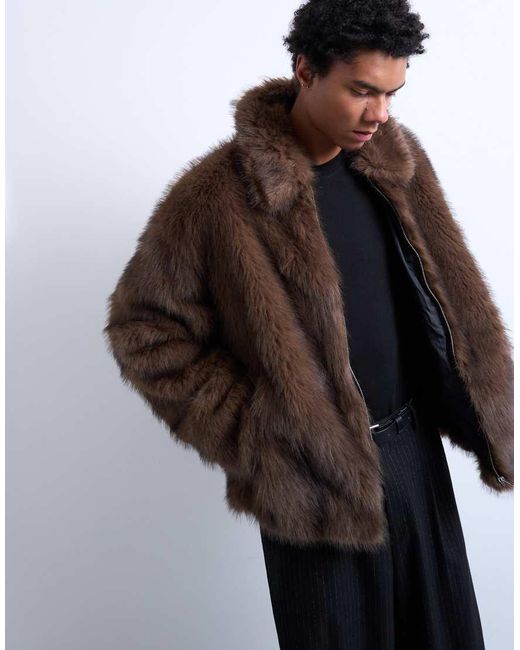 Topman Brown Faux Fur Zip Through Coat for men