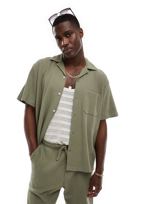 SELECTED Green Co-ord Boxy Revere Collar Waffle Shirt for men