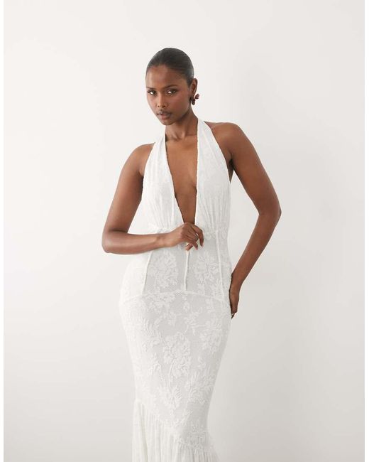 ASOS Natural Textured Lace Cinched Waist Corset Detail Maxi Dress With Fishtail Hem