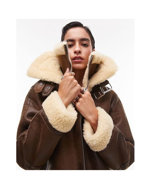 TOPSHOP Natural Faux Suede Shearling Zip Front Oversized Aviator Jacket With Double Collar Detail