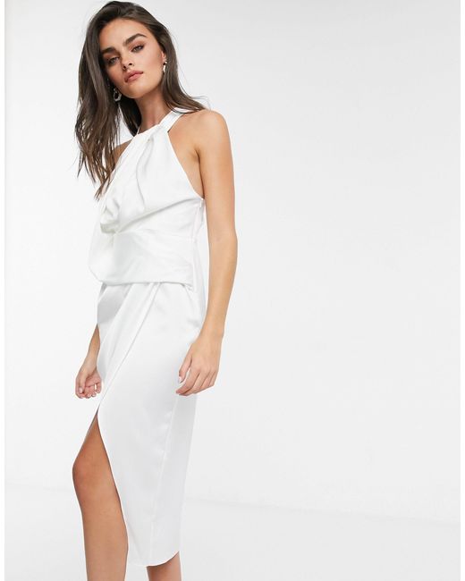 ASOS Satin Halterneck Midi Dress With Drape Bodice in White | Lyst