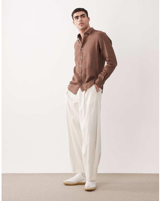 Mango Brown 100% Linen Long Sleeve Shirt for men