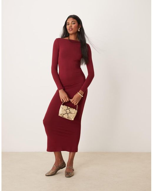 Miss Selfridge Red Long Sleeve Slash Neck Maxi Dress