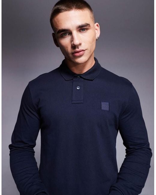 Boss Blue Passerby Tonal Logo Long Sleeve Pique Polo Slim Fit for men