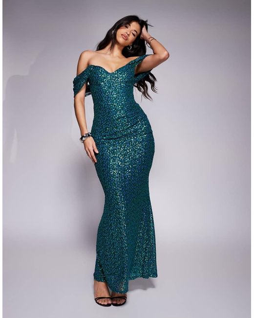 Goddiva Blue Off The Shoulder Sequin Wing Maxi