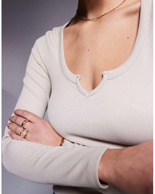 ASOS Blue Long Sleeve Ribbed Top With Notch Detail