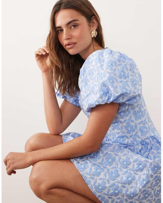 Sister Jane Blue Bilberry Jacquard Round Neck Puff Sleeve Mini Dress