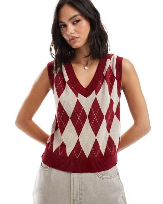 Stradivarius Red Argyle Knitted Vest