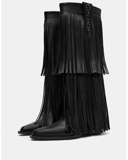 Stivali Neri Con Tacco Alto E Frange di Pull&Bear in Black
