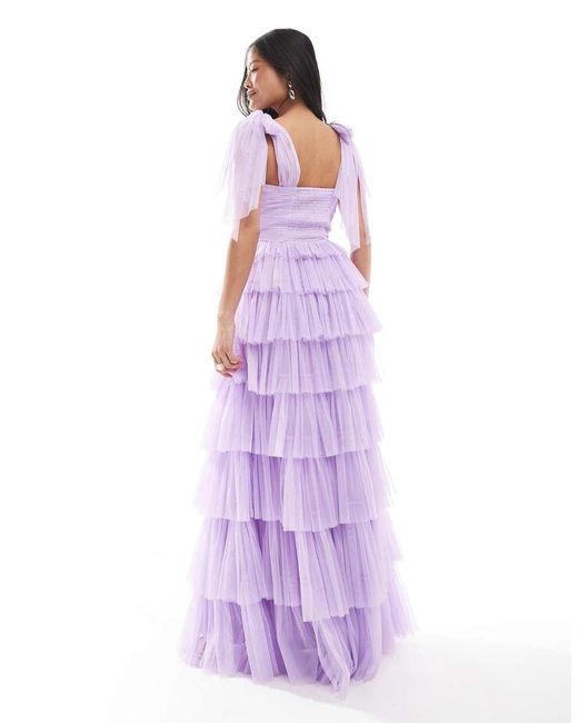 LACE & BEADS Purple Bridesmaid Bow Shoulder Tulle Maxi Dress