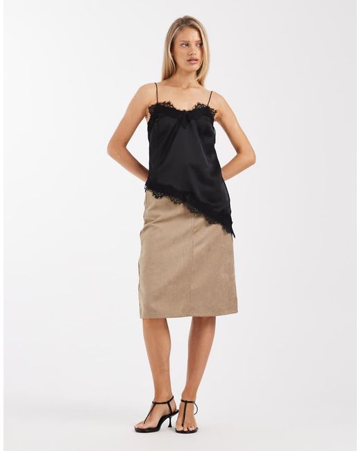 New Look Black Longline Asymmetric Lace Trim Satin Cami Top