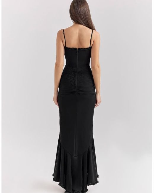 House Of Cb Black Gabbi Mesh Ruffled Front Gown