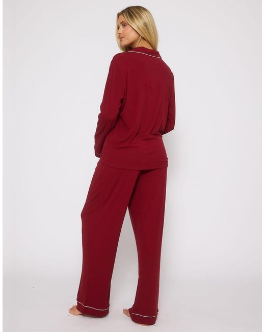 Loungeable Red Rib Long Sleeve Traditional Shirt And Long Pant