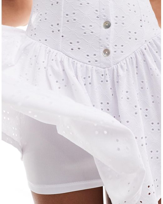 Motel White Pearl Button Through Broderie Mini Dress