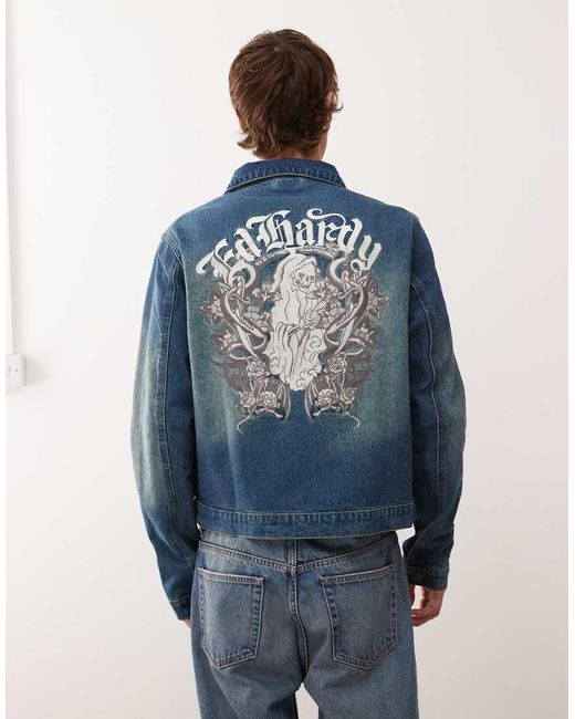 Ed Hardy Blue Flaming Skull Denim Jacket for men