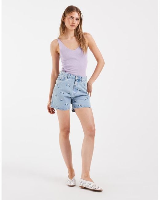 Pieces Blue Floral Embroidered Denim Shorts