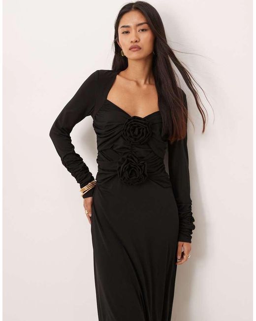 Y.A.S Black Long Ruched Sleeve Slinky Maxi Dress With Rosette Bodice