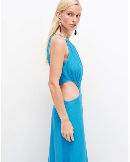 Kaiia Blue Exclusive Cotton Blend Halterneck Cut Out Detail Maxi Dress