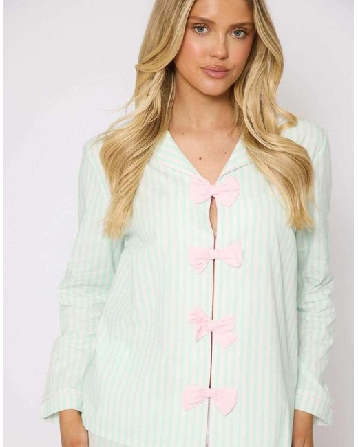 Loungeable White Striped Long Sleeved Traditional Pyjama Set With Bow Detail