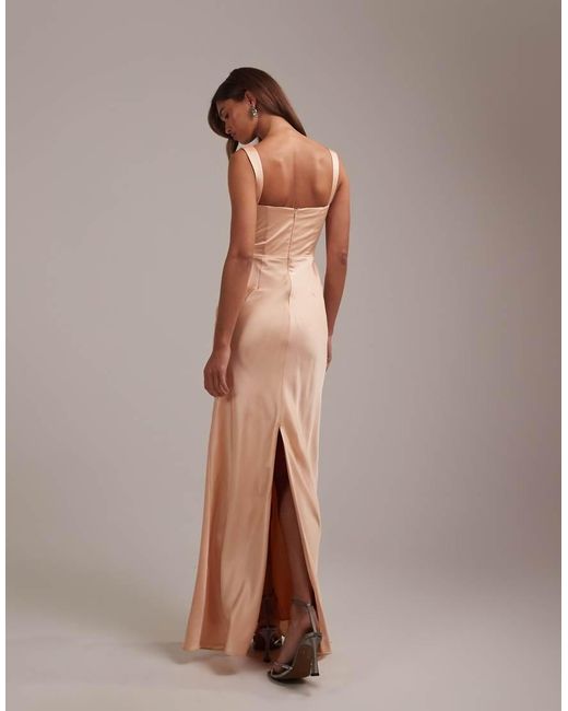 ASOS Brown Bridesmaids Satin Draped Bust Maxi Dress With Column Skirt