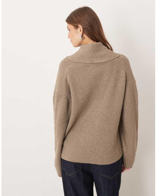 Pretty Lavish Natural Ribbed Knit Fold Over Collared Cardigan