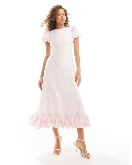 Sister Jane Pink Puff Sleeve Ruffle Hem Midi Dress
