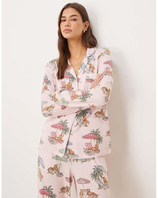 Chelsea Peers Natural Leopard Summer Print Jersey Revere Pyjama Set