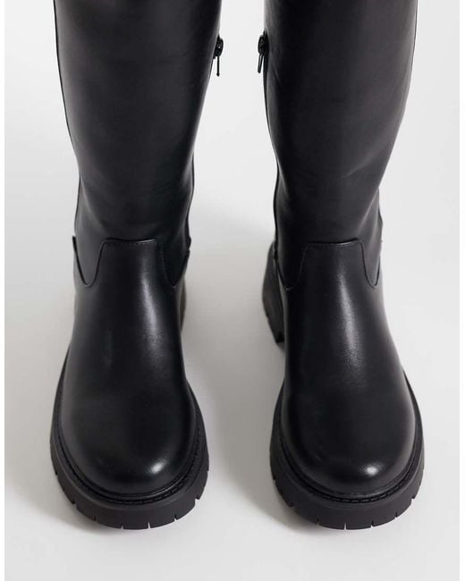 London Rebel Black Trista Chunky Knee Boots With Buckle Details