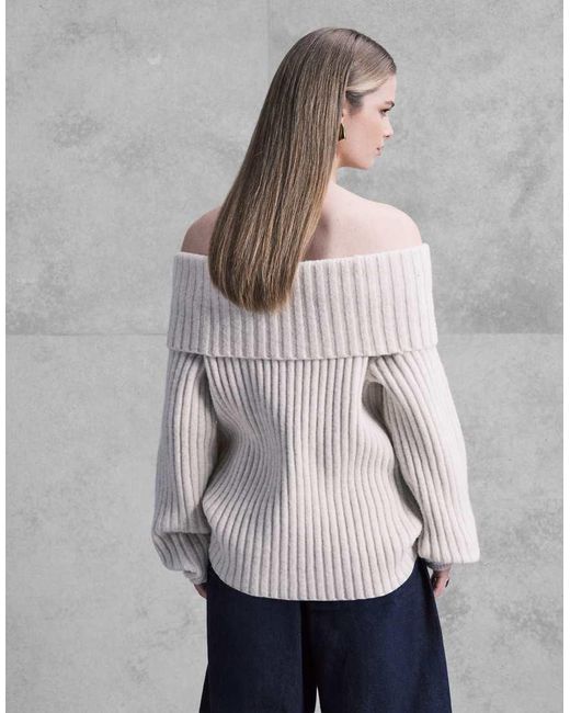 Monki Gray Oversized Bardot Knitted Jumper
