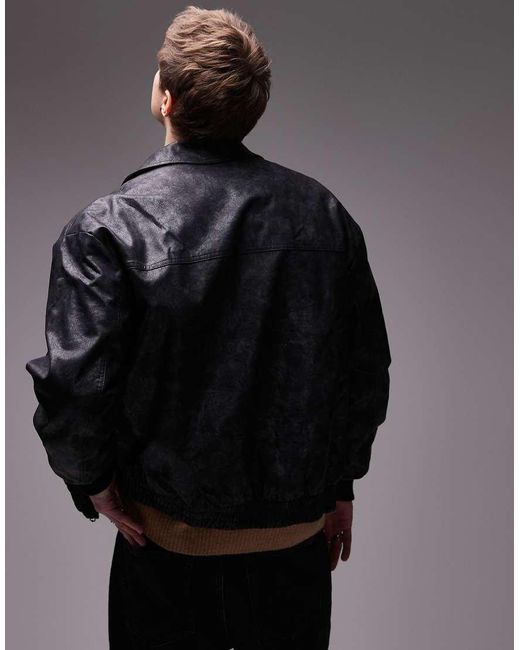 Topman Gray Distressed Faux Leather Oversized Bomber for men