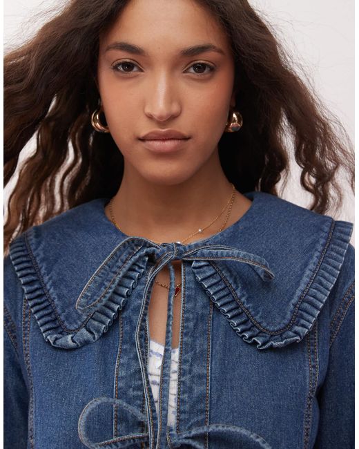 Miss Selfridge Blue Tie Front Frill Denim Collar Jacket