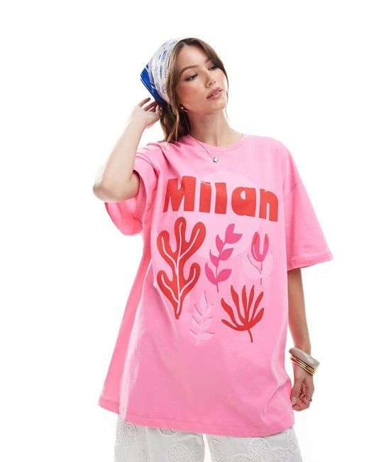 Camiseta Extragrande Con Estampado Gráfico "Milan" De ONLY de color Pink
